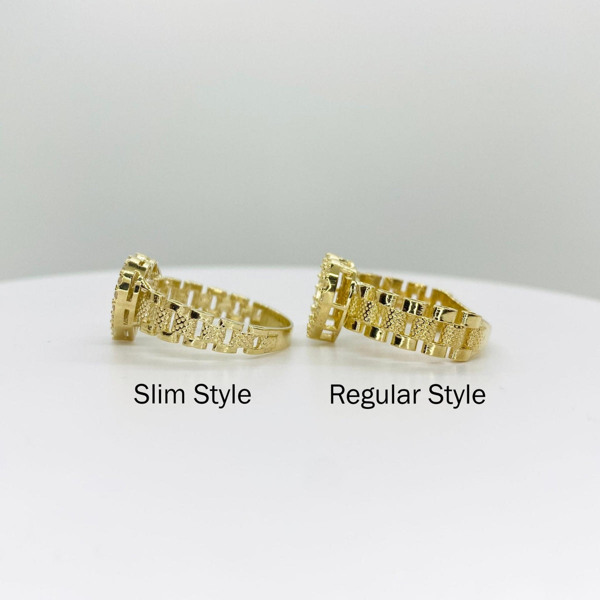 Two 10k gold ring with pink sparkle heart design side view 