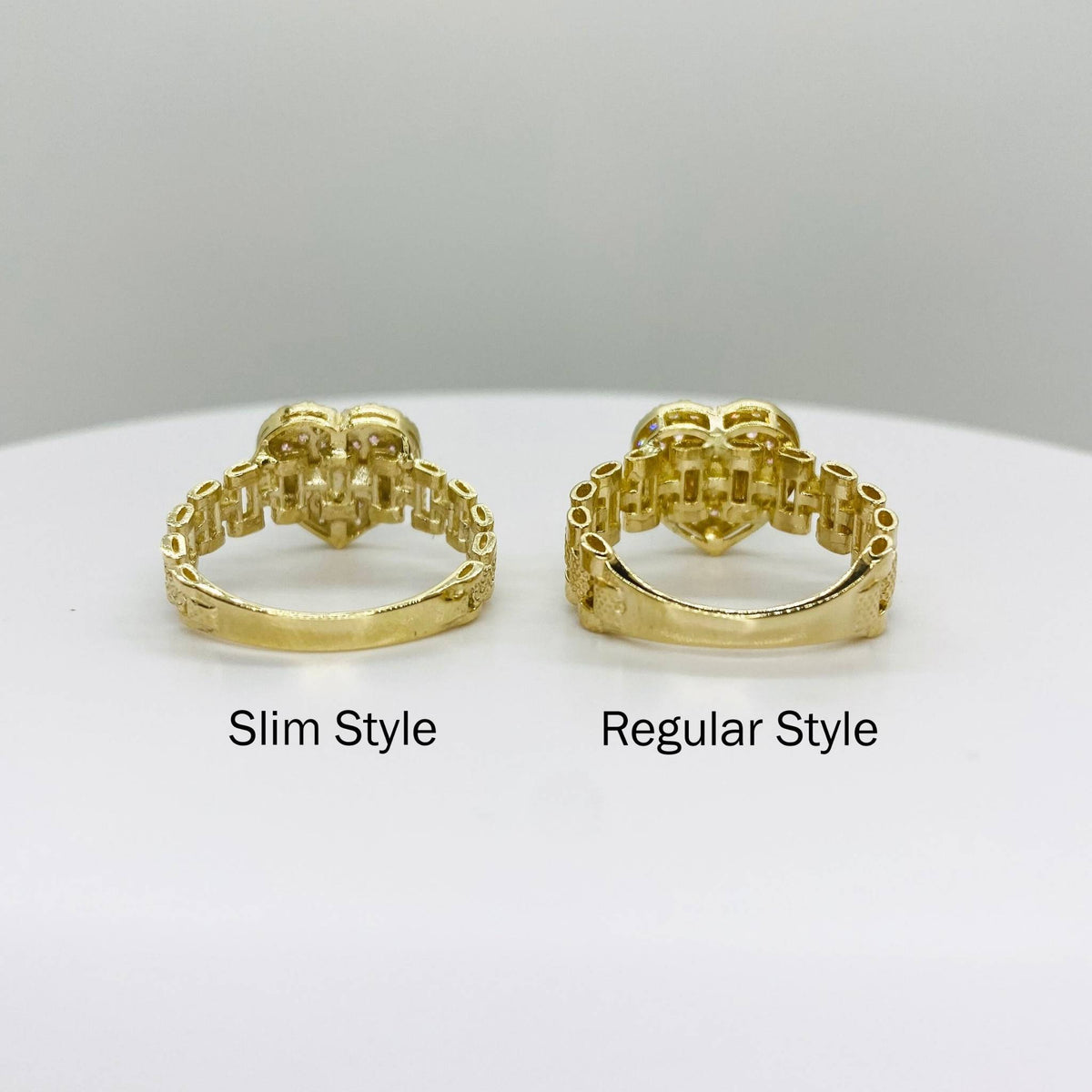 10k Gold Sparkle Heart Pink Slim Ringa beled with two styles back view