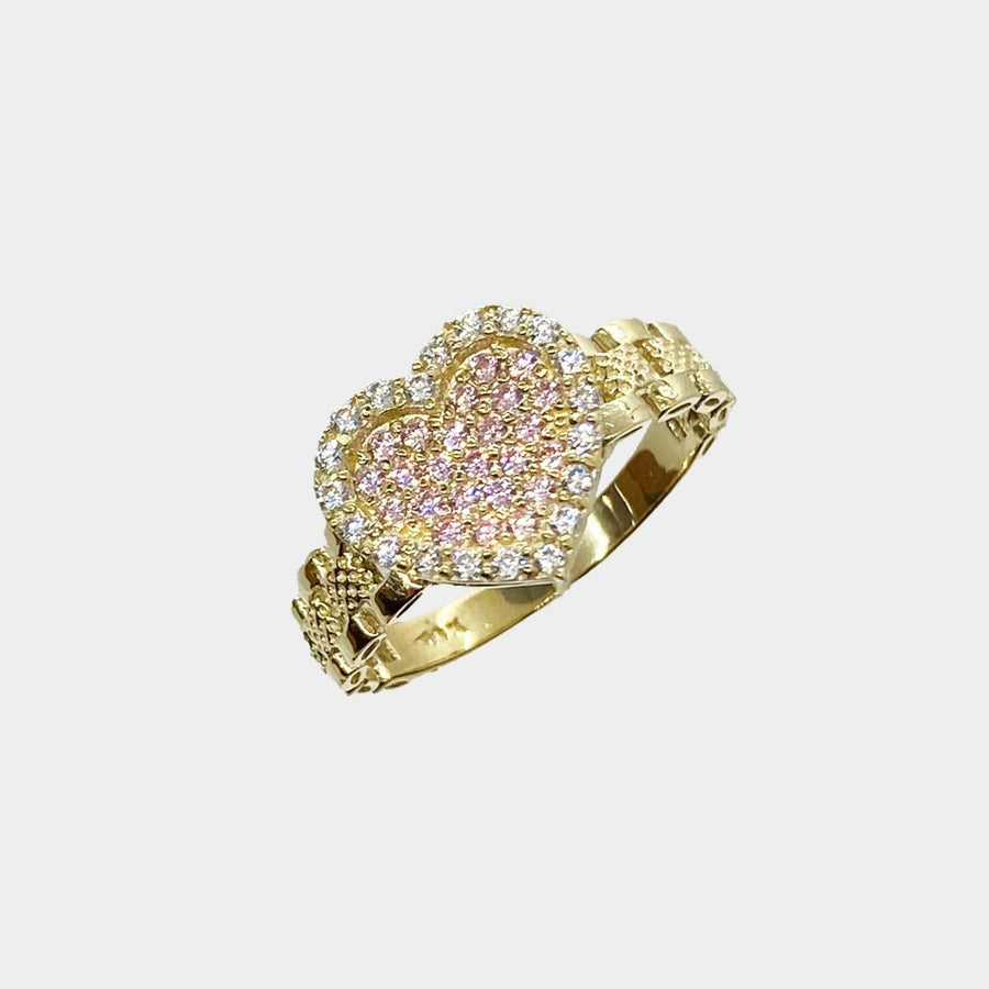 10k Gold Sparkle Heart Pink Slim Ring on a white background