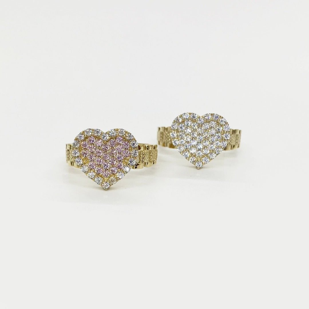 two 10k Gold Sparkle Heart PinkSlim Ring with Cubic Zirconia.