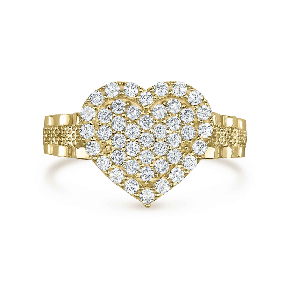 Polished front profile of the 10k gold Sparkle Heart white cubic zirconia ring.