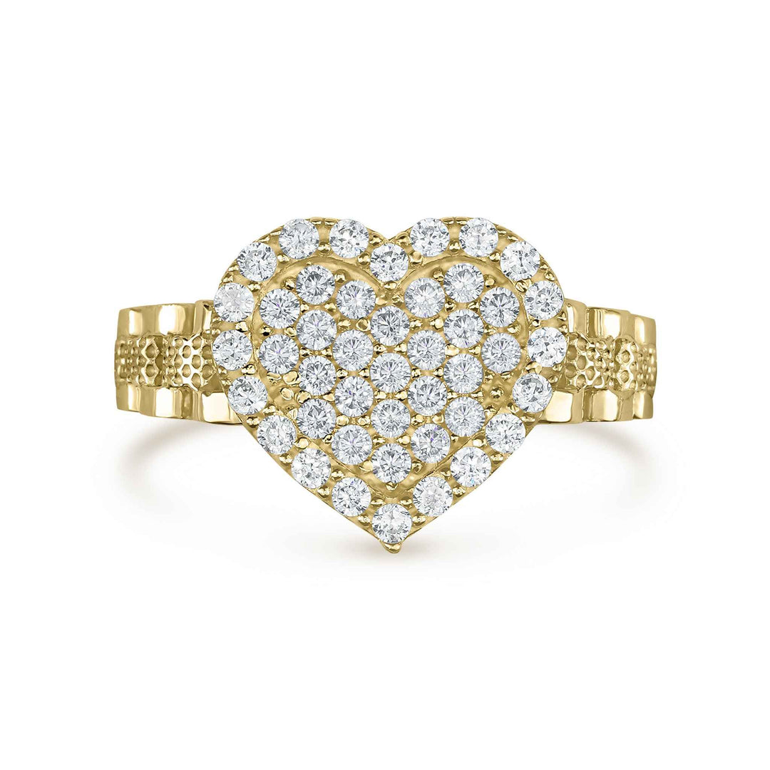 Polished front profile of the 10k gold Sparkle Heart white cubic zirconia ring.