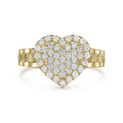 Polished front profile of the 10k gold Sparkle Heart white cubic zirconia ring.