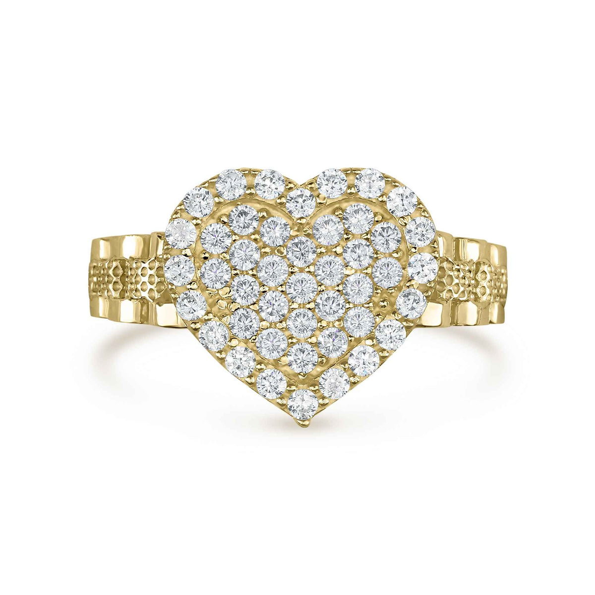Polished front profile of the 10k gold Sparkle Heart white cubic zirconia ring.