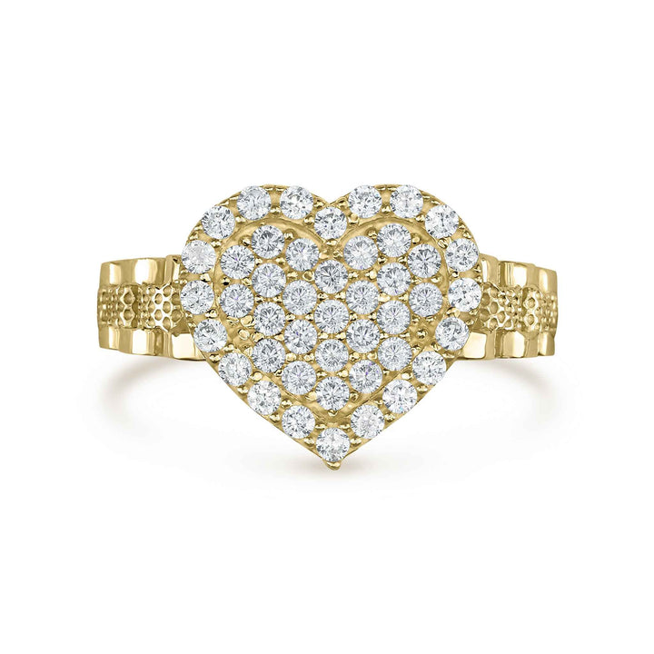 Polished front profile of the 10k gold Sparkle Heart white cubic zirconia ring.