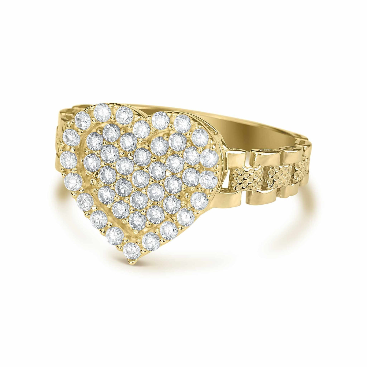 Three-quarter view of 10k gold ring with a cubic zirconia pave heart face.