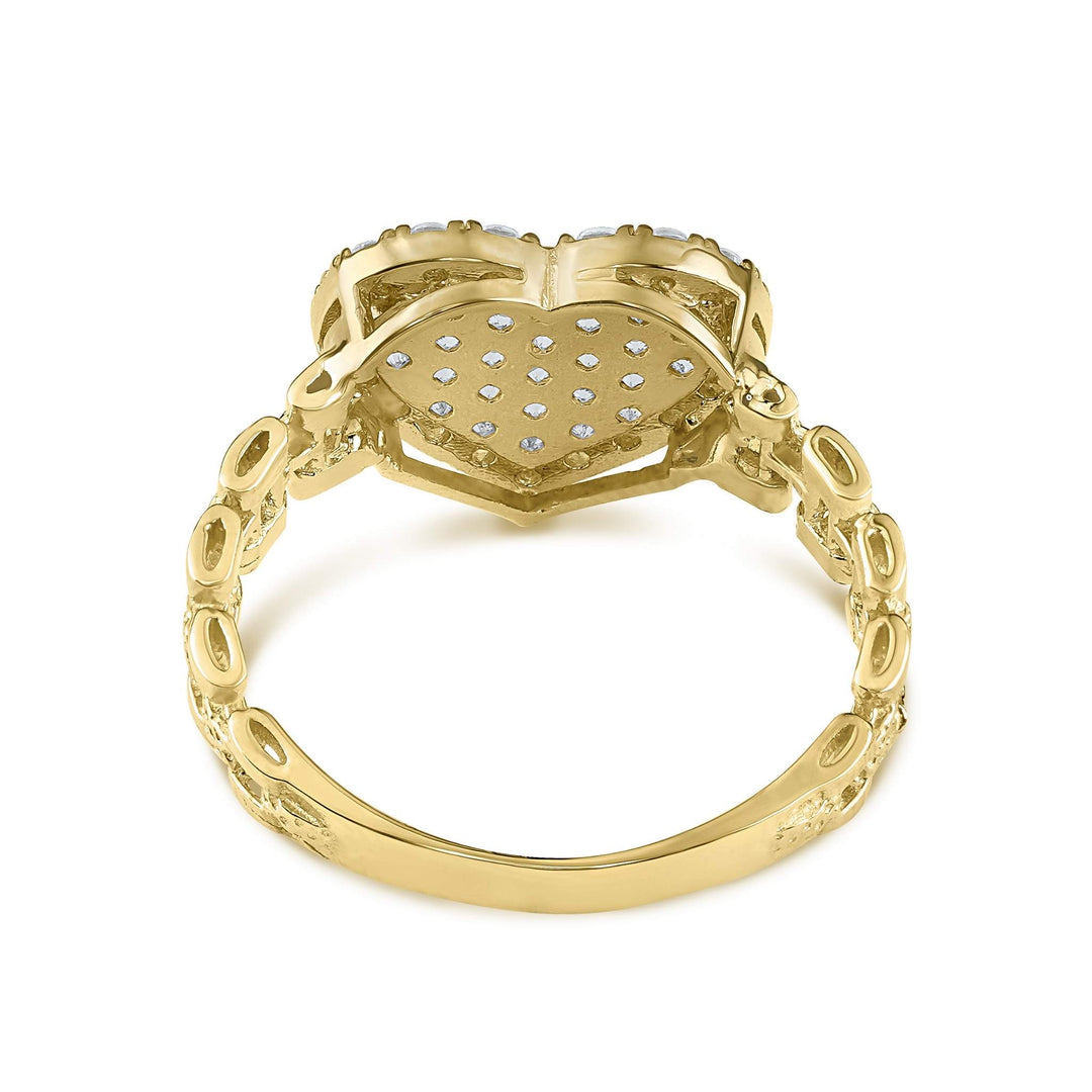 Yellow gold heart ring displaying the textured reverse side on a white backdrop.