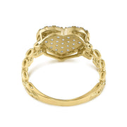 Yellow gold heart ring displaying the textured reverse side on a white backdrop.