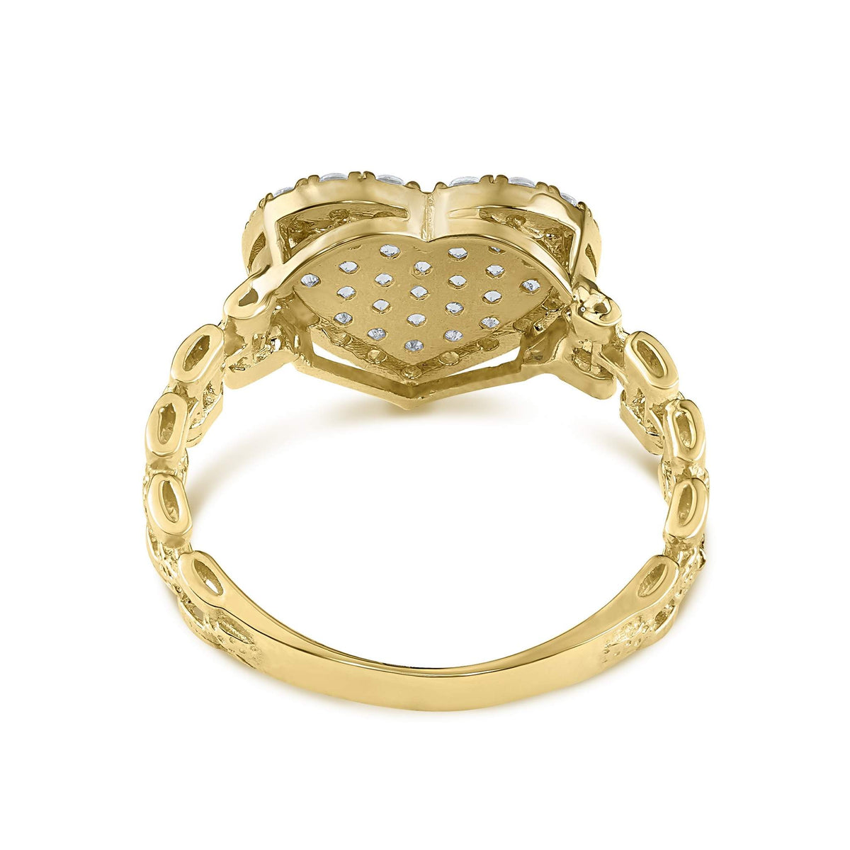Yellow gold heart ring displaying the textured reverse side on a white backdrop.