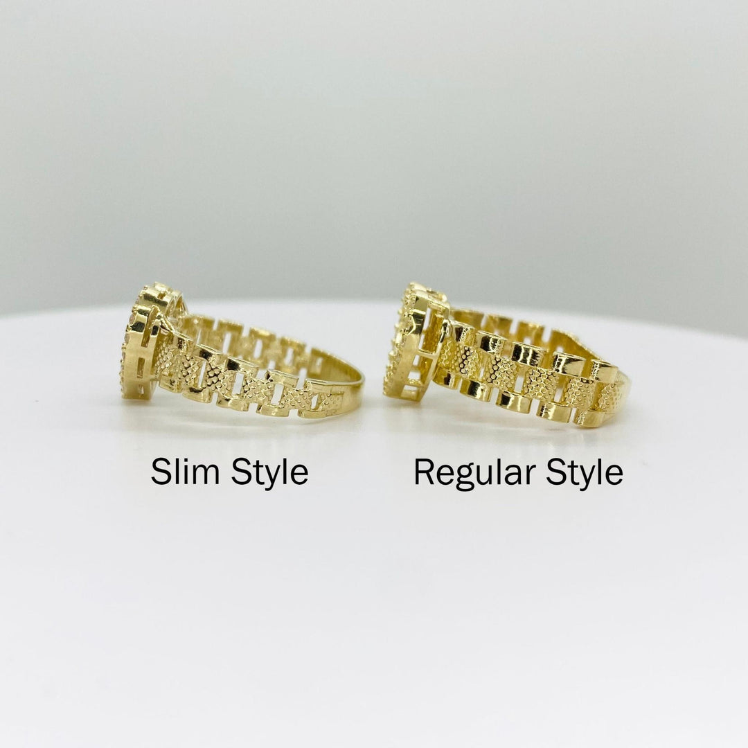 Two 10k gold heat rings side view labeled Slim Style and Regular Style