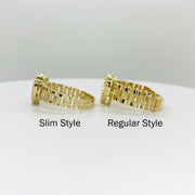 Two 10k gold heat rings side view labeled Slim Style and Regular Style