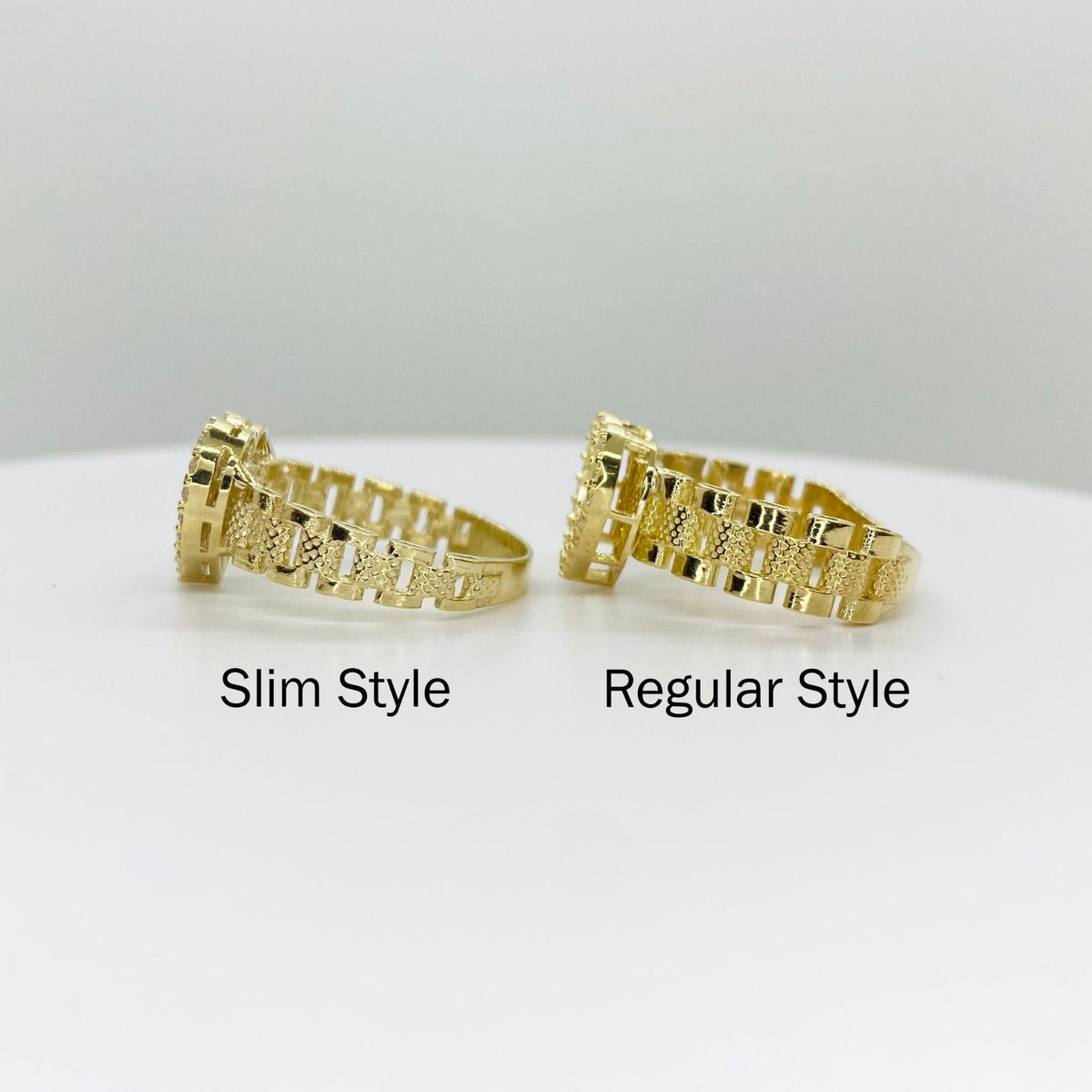 Two 10k gold heat rings side view labeled Slim Style and Regular Style