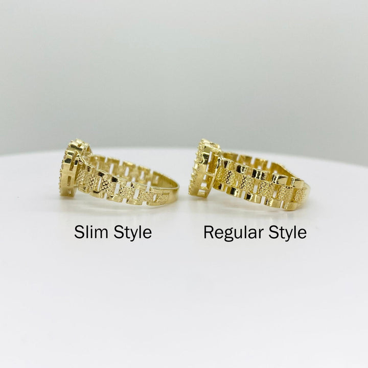 Two 10k gold heat rings side view labeled Slim Style and Regular Style
