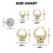 Size chart comparing four teddy bear hoop earring sizes against a U.S. quarter for scale.