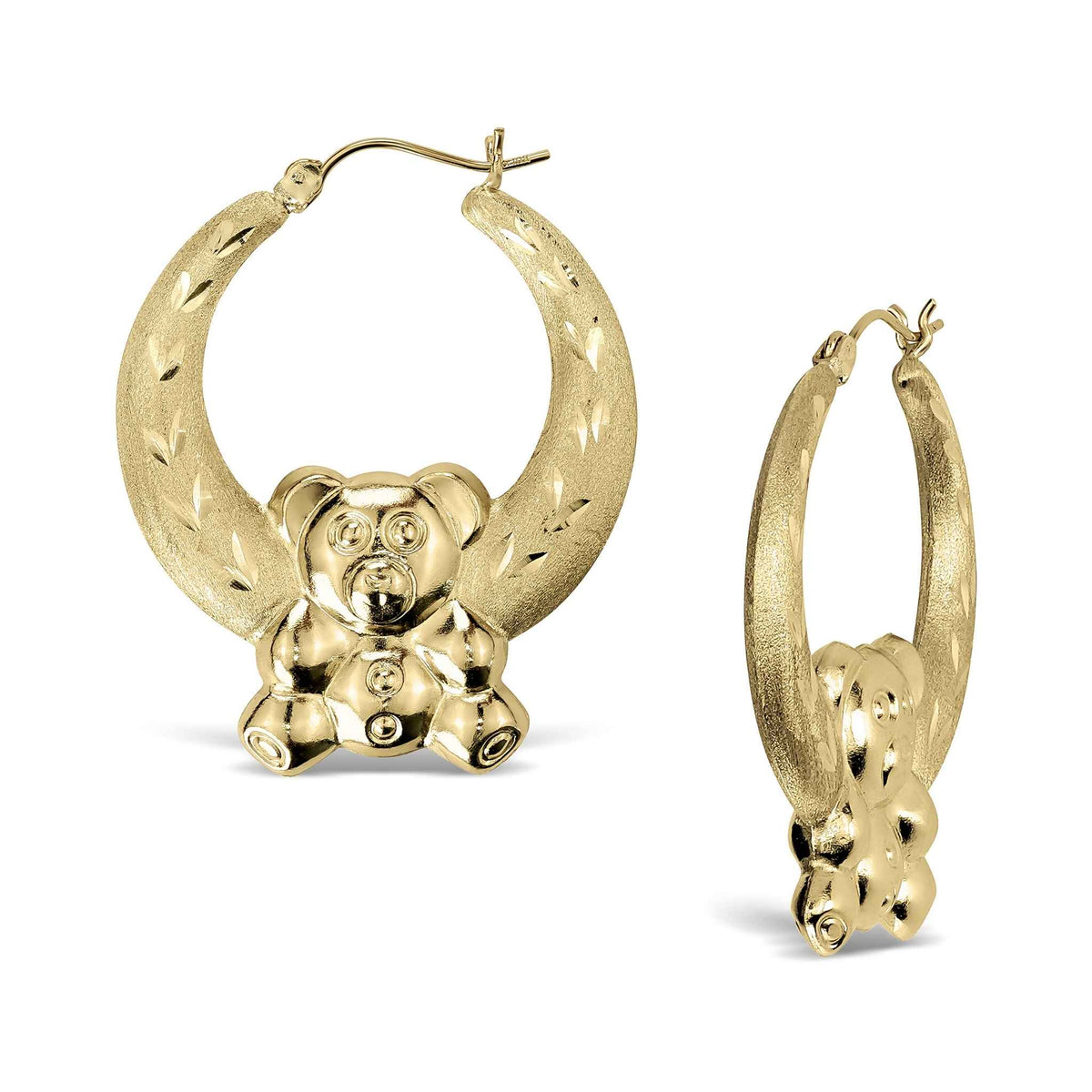 A pair of 10k yellow gold teddy bear-shaped hoop earrings with diamond-cut, textured finishes.