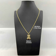 Medium 25.6mm 10k gold teddy bear pendant necklace on a black mannequin bust.