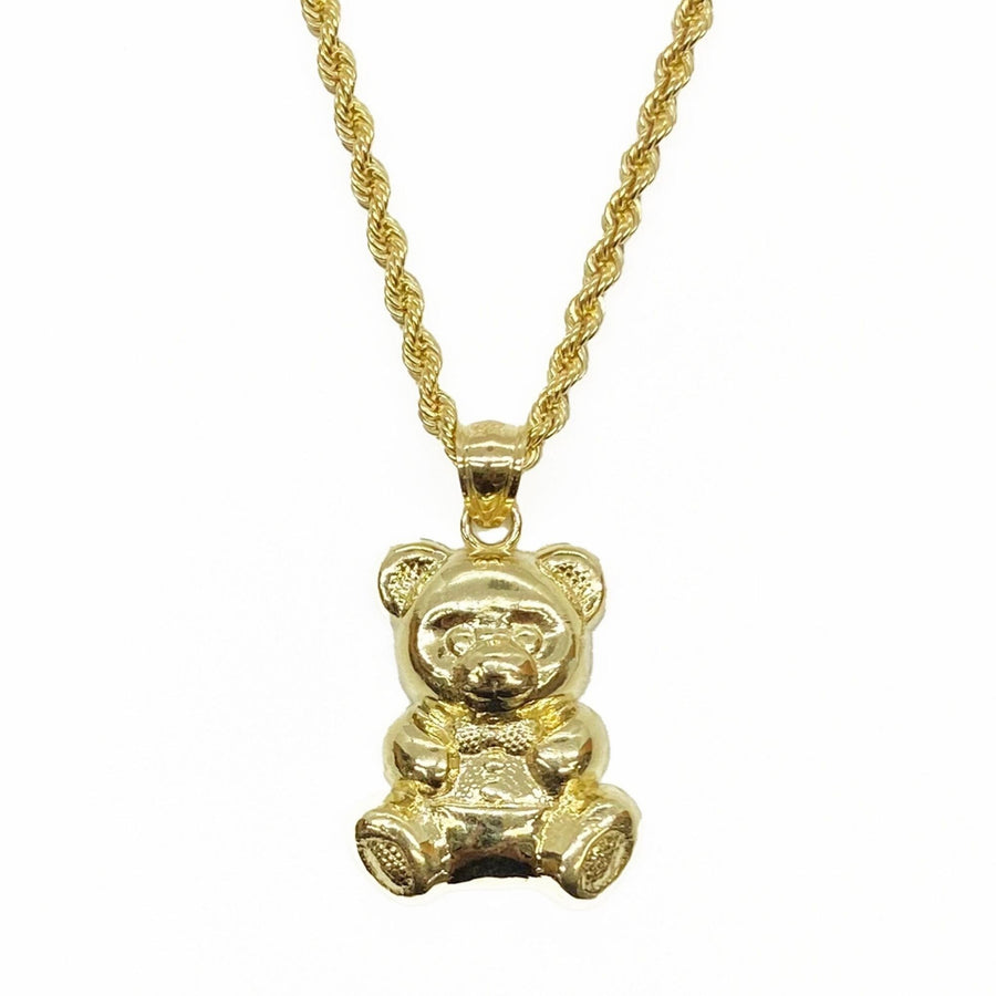 10k yellow gold teddy bear pendant charm attached to a gold rope chain necklace.