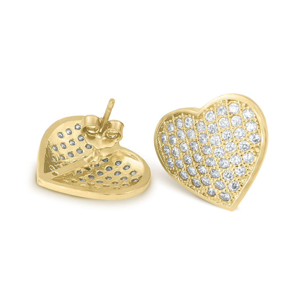 Front and back views of 10k gold white heart-shaped stud earrings.