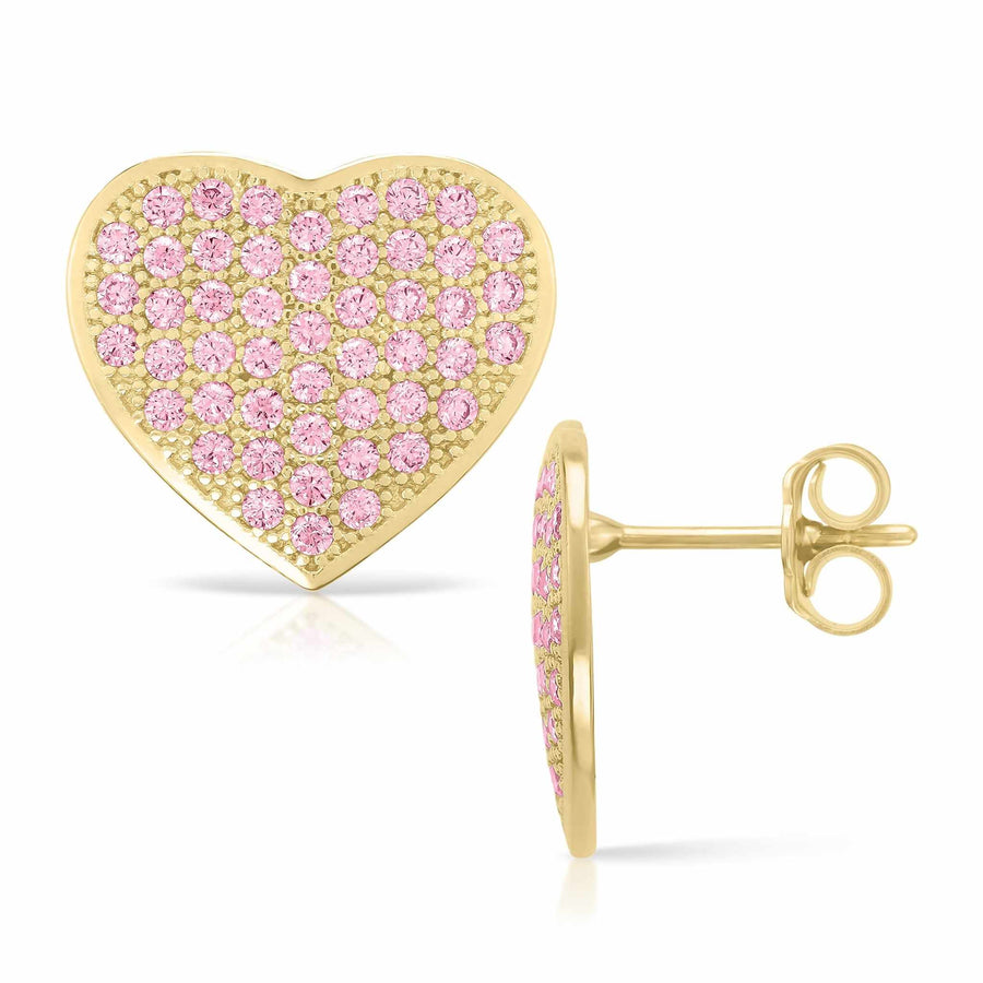 Front and side profile view of 10k gold pink heart-shaped stud earrings.