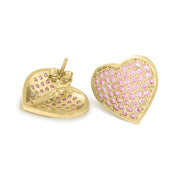Pair of 10k gold heart cubic zirconia earrings, one front-facing and one showing post.