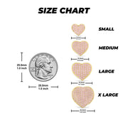 Size chart for 10k gold Tera heart cubic zirconia earrings with coin for scale.