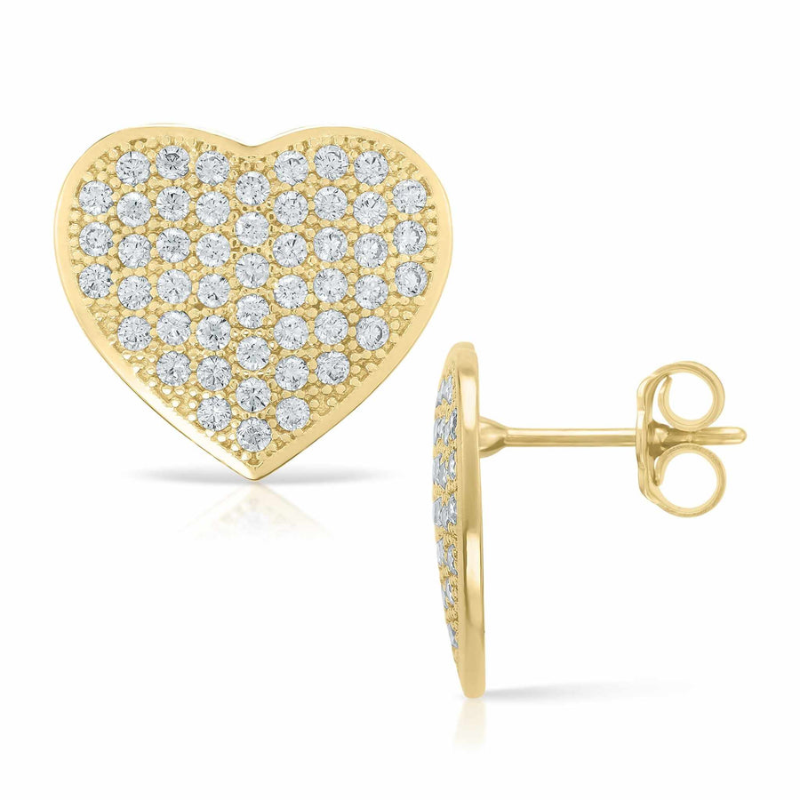 Heart-shaped 10k gold stud earrings with pavé cubic zirconia, front and side views.