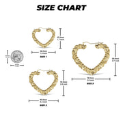 Size comparison chart showing three different sizes of twisted gold heart hoop earrings.