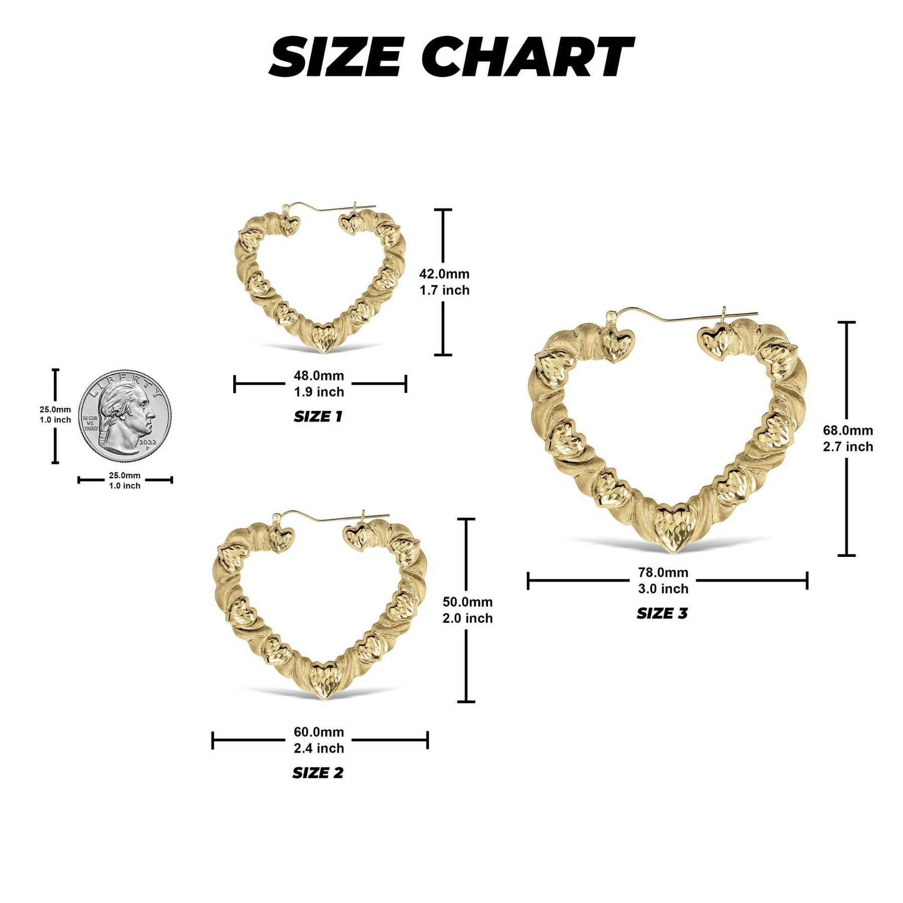 Size comparison chart showing three different sizes of twisted gold heart hoop earrings.