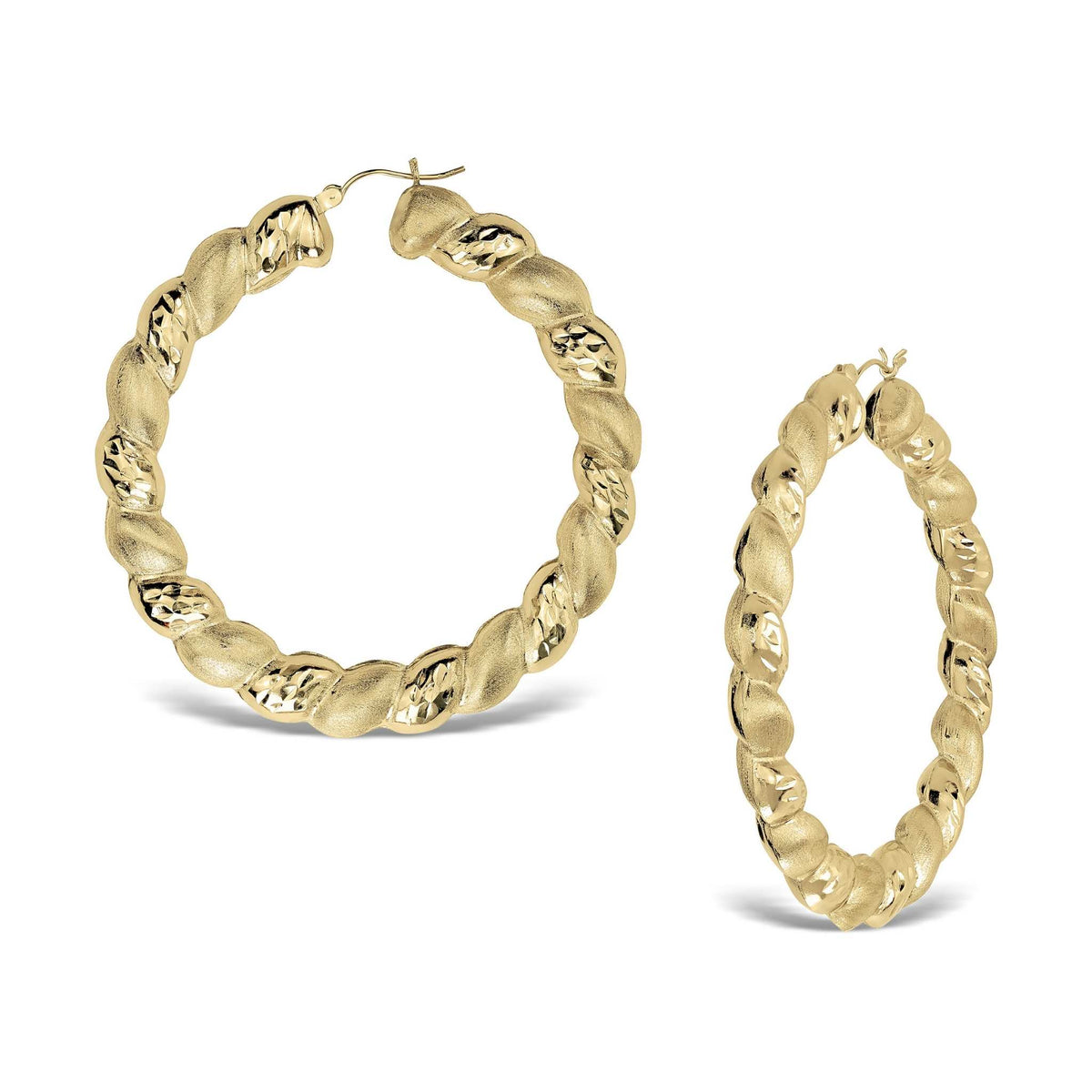 Two twisted round 10k yellow gold hoop earrings featuring diamond-cut and satin textures.