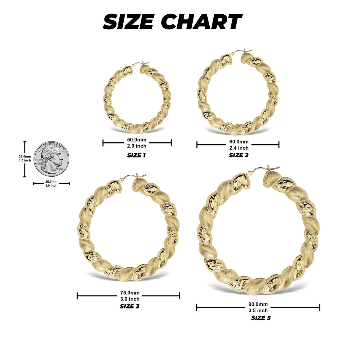 Size guide comparing four sizes of twisted round gold hoop earrings with coin reference.