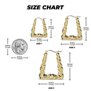 Size chart showing three 10k gold twisted square hoop sizes with measurements and a coin.