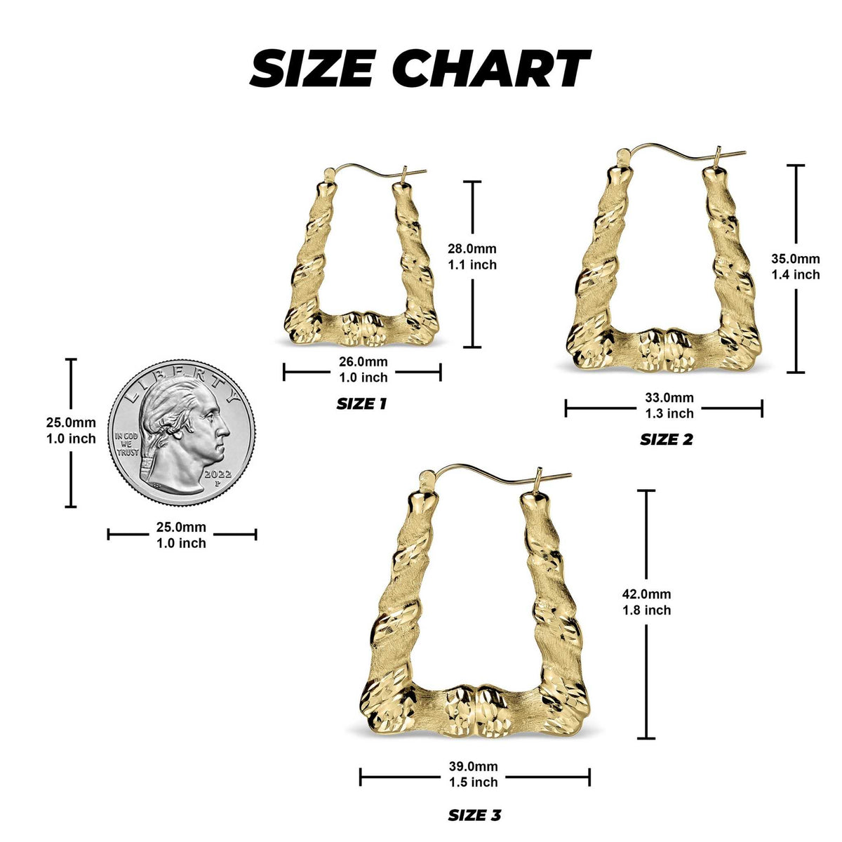 Size chart showing three 10k gold twisted square hoop sizes with measurements and a coin.