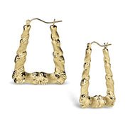 Two polished and satin-finish 10k gold twisted square hoop earrings on a white background.