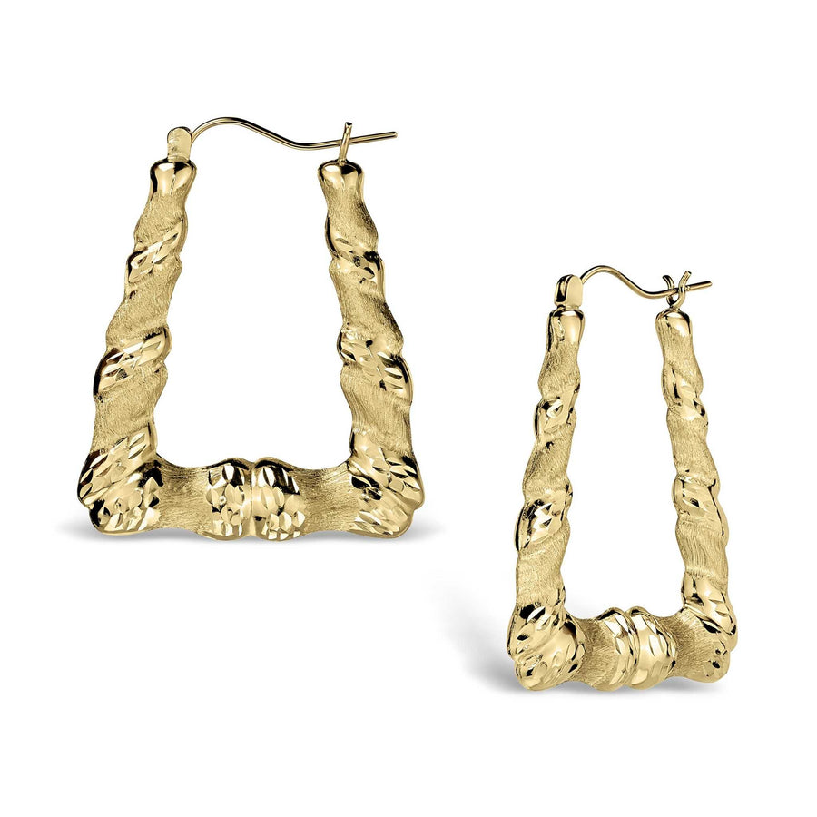 Two polished and satin-finish 10k gold twisted square hoop earrings on a white background.
