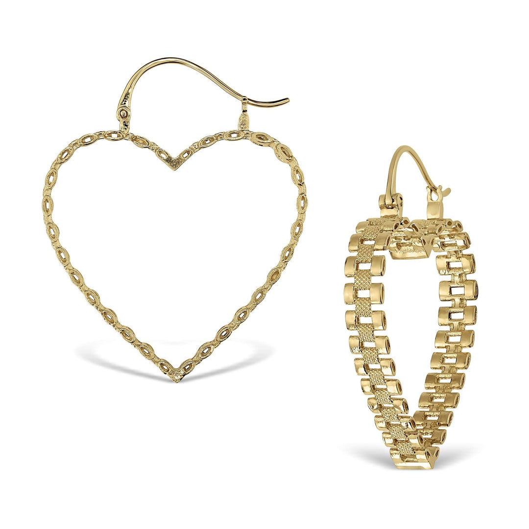Pair of 10k yellow gold heart-shaped hoop earrings featuring a unique textured rollie-style finish.