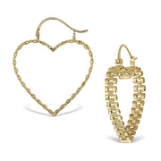 Pair of 10k yellow gold heart-shaped hoop earrings featuring a unique textured rollie-style finish.
