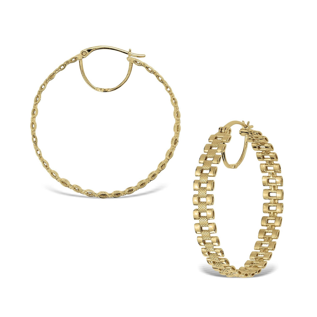 Pair of 10k gold textured rollie-style round hoop earrings on a white background.