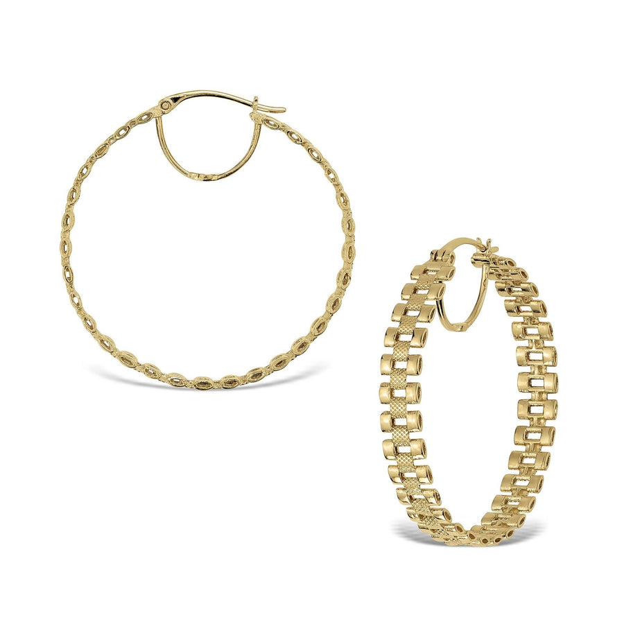 Pair of 10k gold textured rollie-style round hoop earrings on a white background.