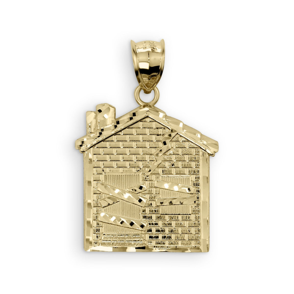Close-up of a 10k yellow gold trap house pendant with detailed brick texture.
