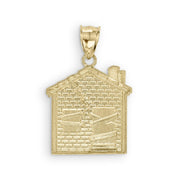 Back view of a 10k yellow gold trap house pendant with a flat polished finish.