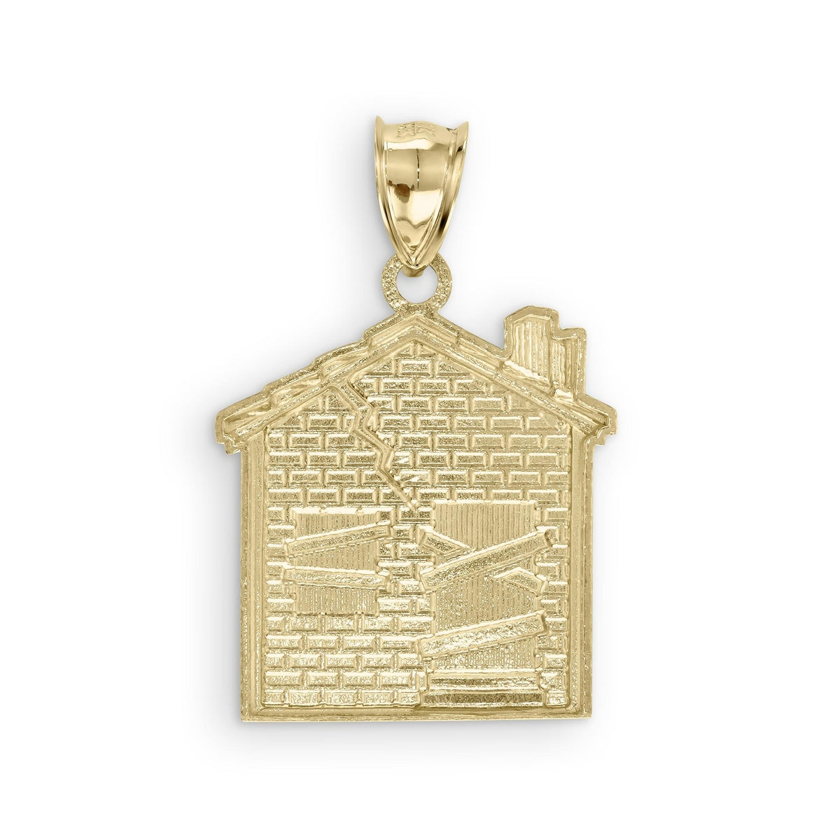 Back view of a 10k yellow gold trap house pendant with a flat polished finish.