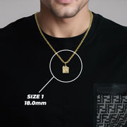 Option 1: Model wearing a small gold trap house pendant with Size 1 18.0mm label.