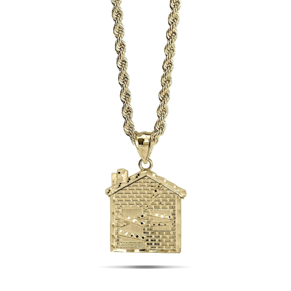 10k gold Trap House DC house-shaped pendant necklace featuring diamond-cut brick detailing.