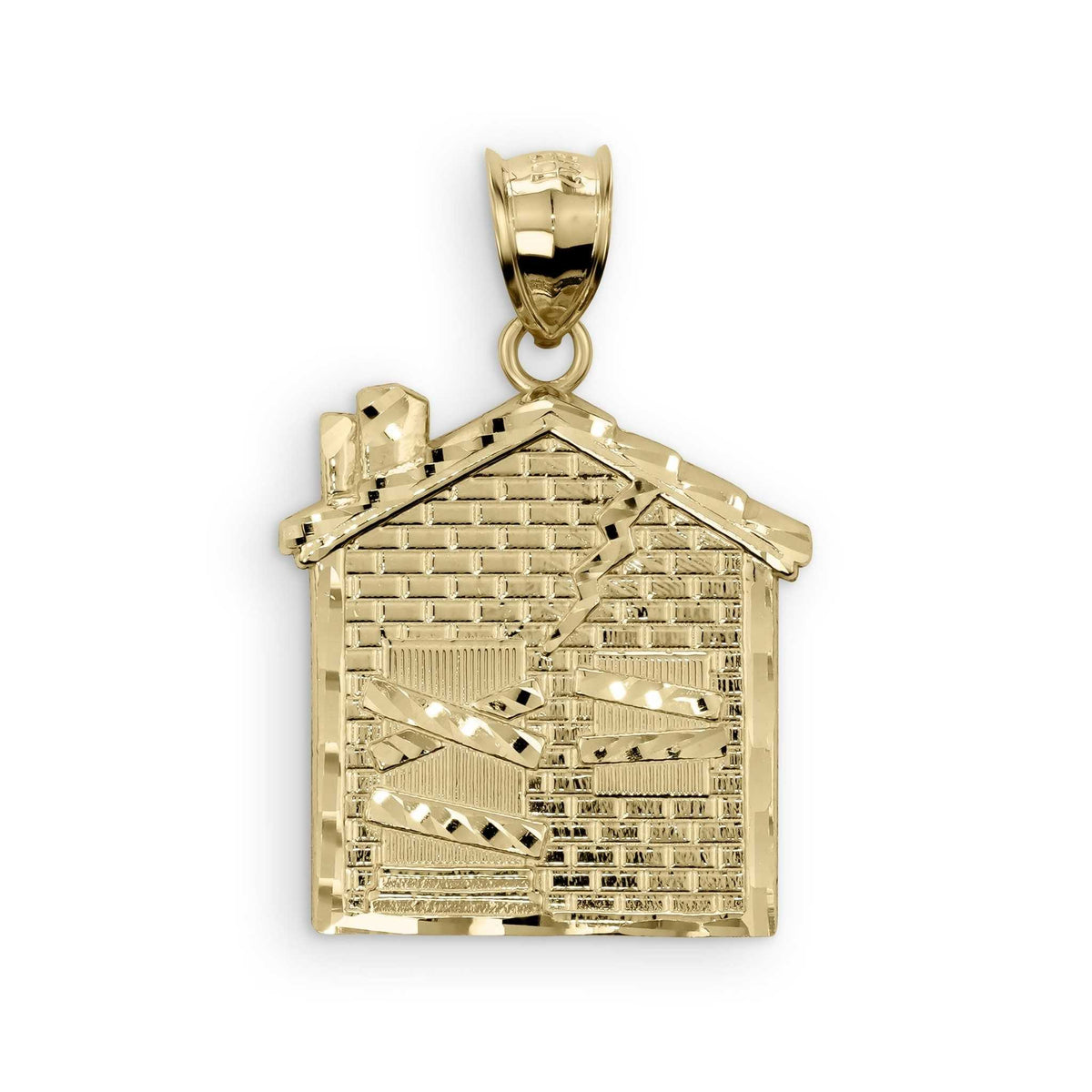 10k yellow gold house-shaped pendant charm with diamond-cut brick patterns and boarded windows.