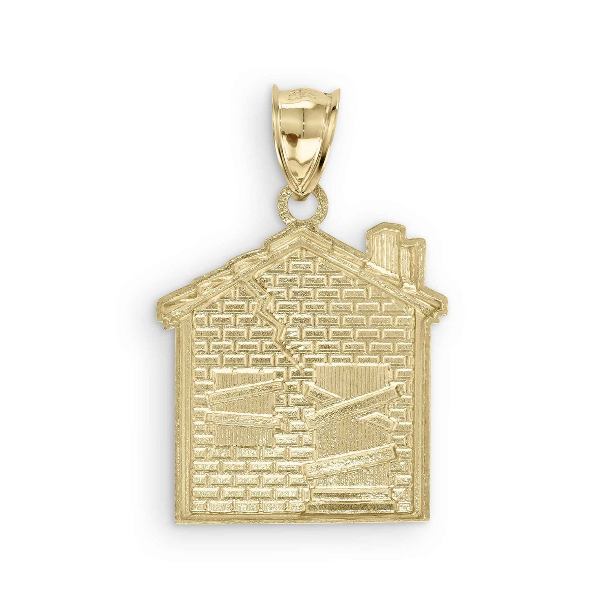 Backside view of 10k gold house pendant charm featuring textured diamond-cut detailing.