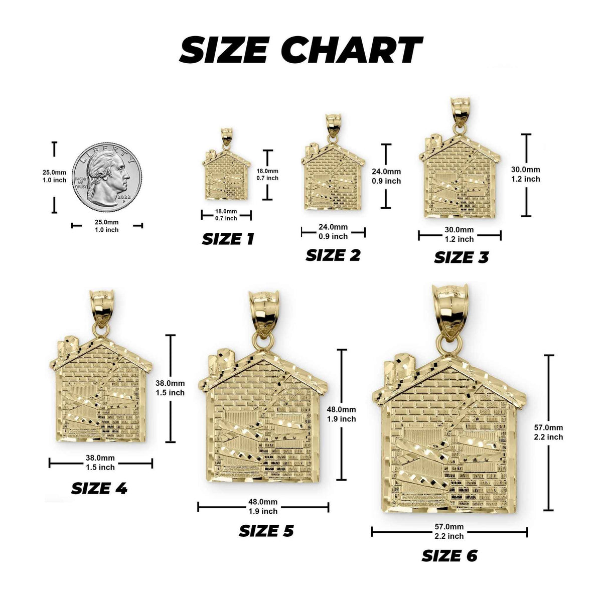 Size chart comparing 10k gold Trap House DC house pendants in six sizes next to a US quarter.