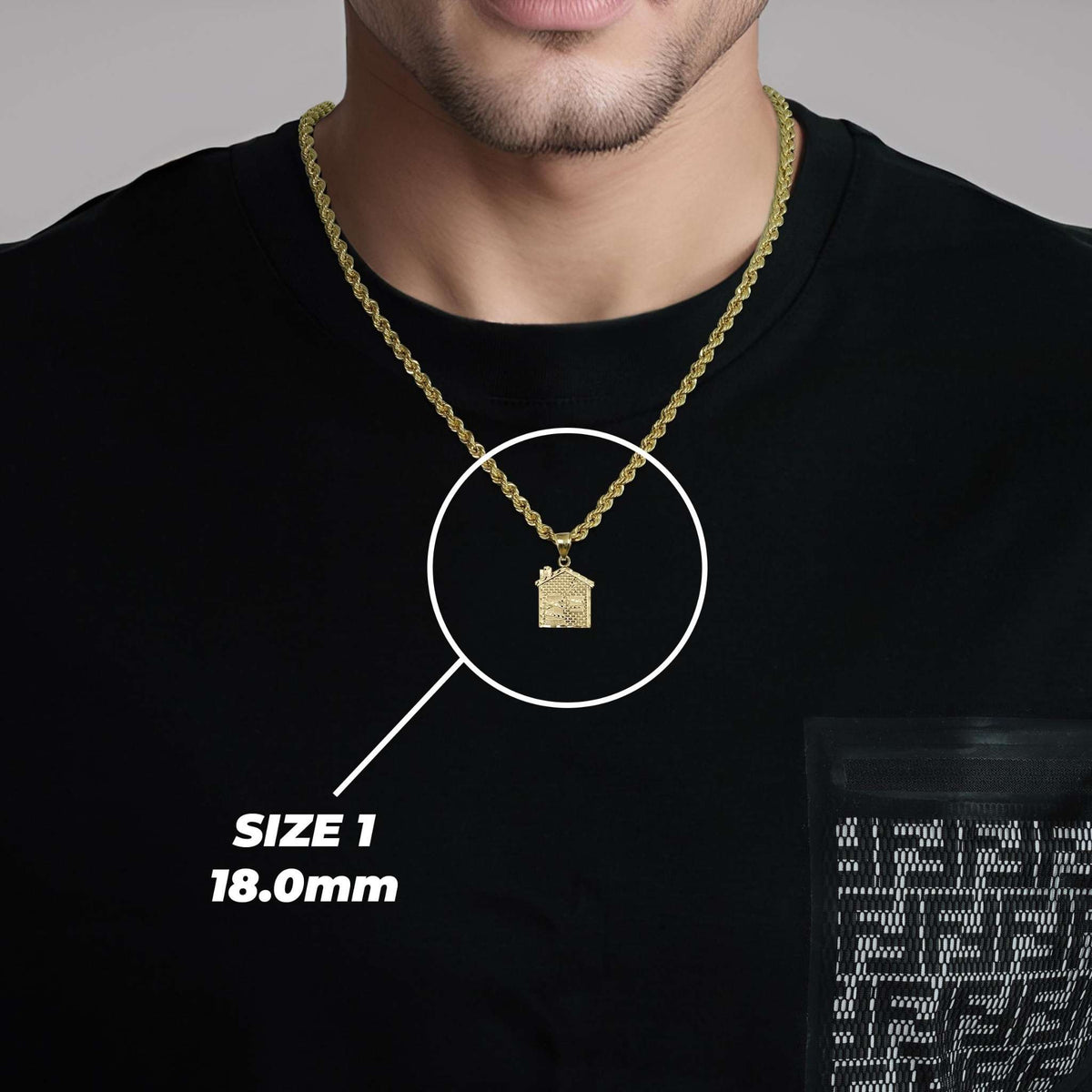 Model wearing small 10k yellow gold Trap House DC pendant necklace in Size 1 