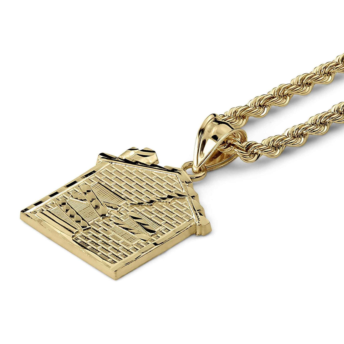 10k gold Trap House house-shaped pendant charm on a gold rope chain.