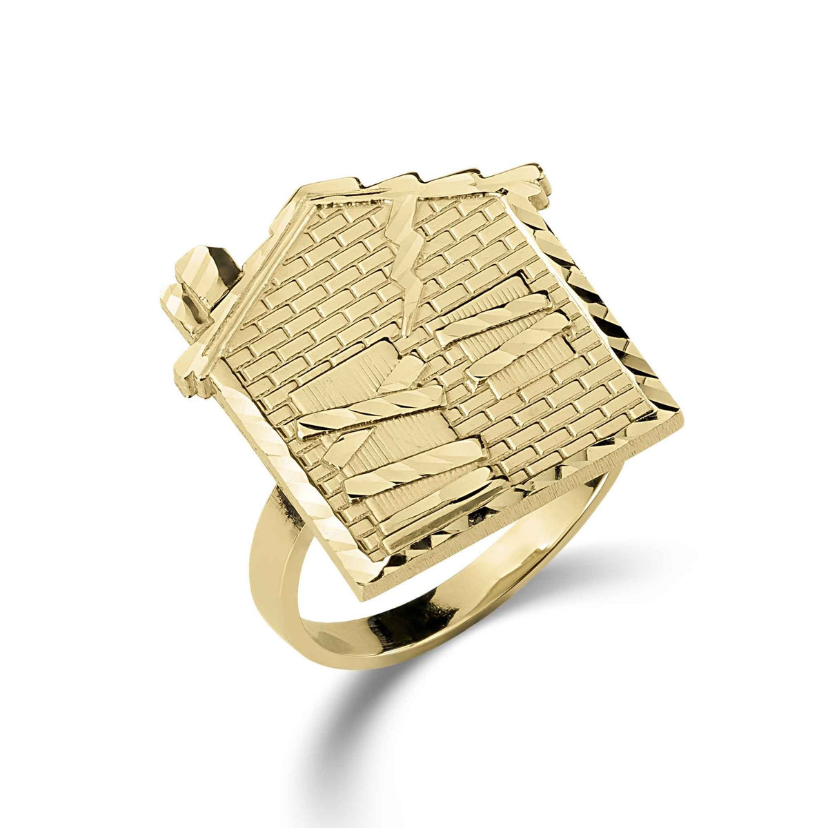 10k yellow gold trap house signet ring with diamond-cut brick detailing on a white background.