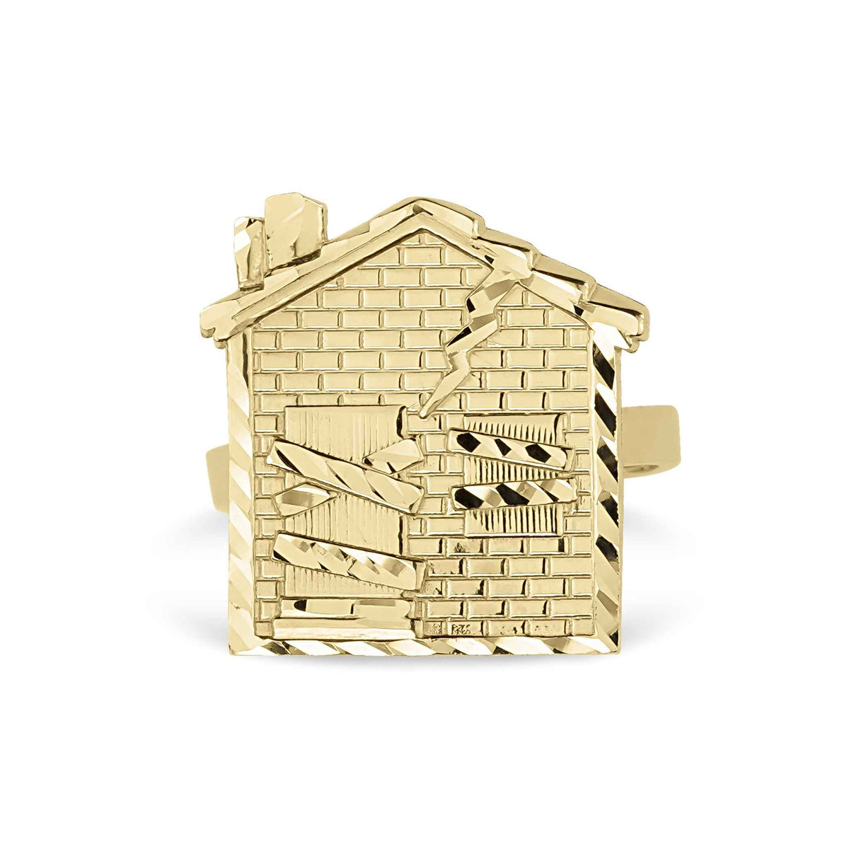 A 10k gold trap house ring with a polished finish and diamond-cut accents.